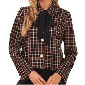 Cece Plaid Print Long Sleeve Peter Pan Collar Coordinating Blazer